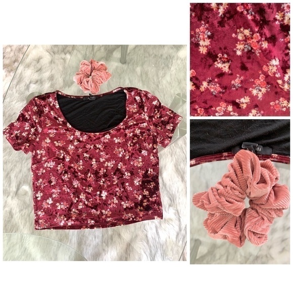 𝅺Forever 21 floral velvet top boho short sleeve shirt w/Scrunchie womens large - Picture 1 of 6